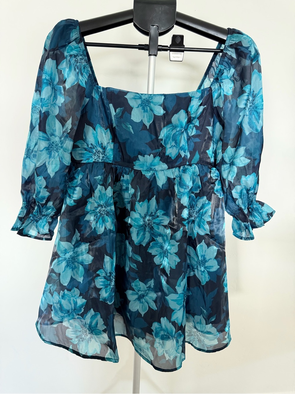Teal Floral Square-Neck Long Sleeve Mini Dress
